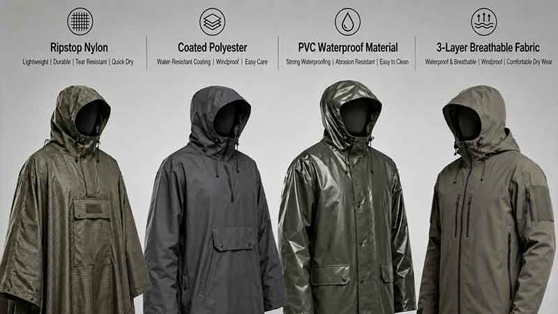 Military poncho material comparison chart showing nylon polyester and canvas fabrics