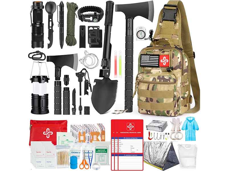 Camouflage tactical survival kit with backpack, first aid items and multipurpose outdoor tools