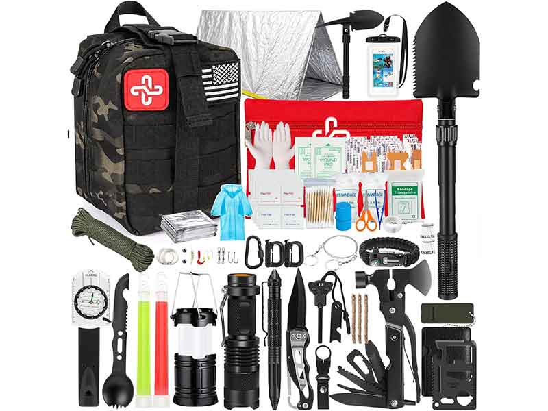 Complete military emergency survival kit with tactical backpack, medical gear and survival accessories