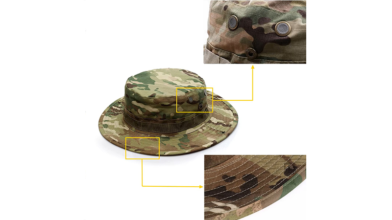 Boonie hat material details with ripstop fabric, vents, brim stitching and chin strap