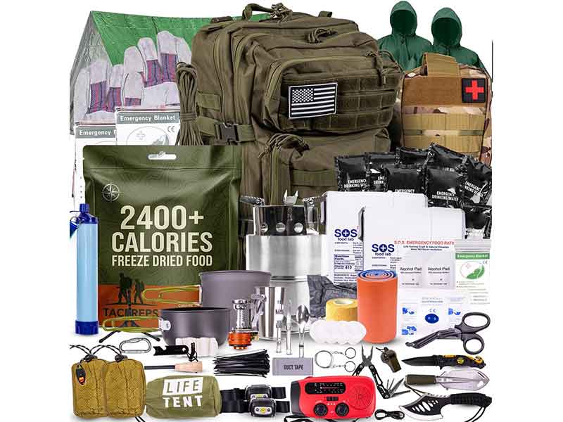Military survival kit with tactical backpack, emergency supplies, first aid equipment and outdoor gear