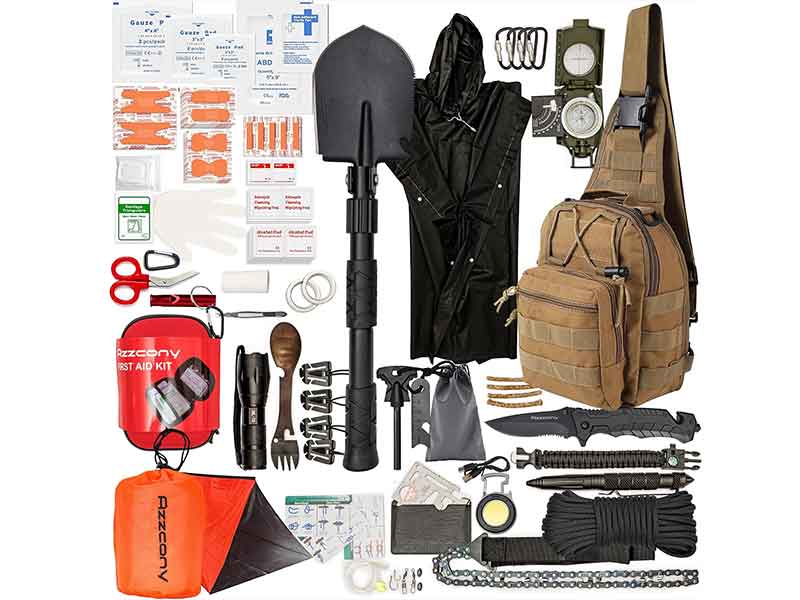 Tactical survival gear set with medical kit, shovel, compass, flashlight and MOLLE backpack