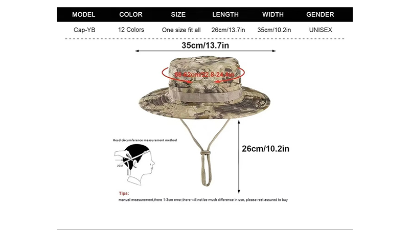 Boonie hat sizing and adjustable chin strap guide