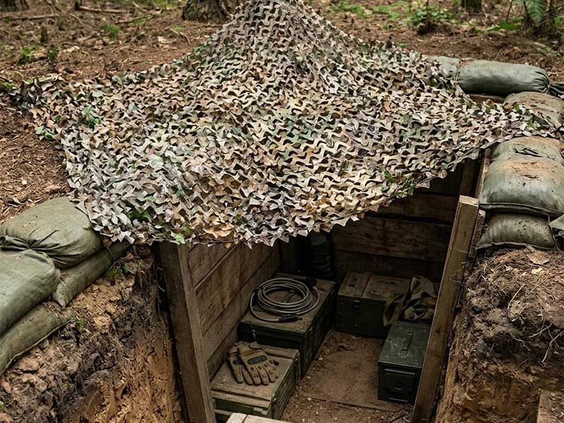 Camouflage net covering a field bunker for military concealment