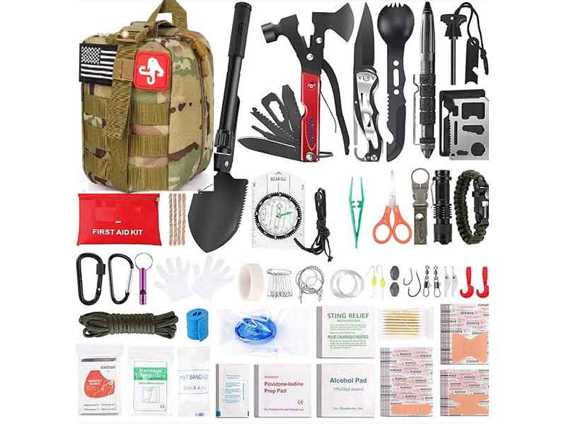 Compact military survival kit with first aid supplies, tactical tools and emergency equipment