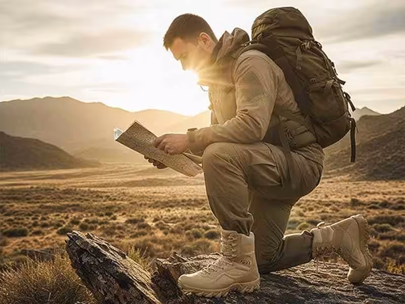 A man wearing tactical boots is looking at a map.