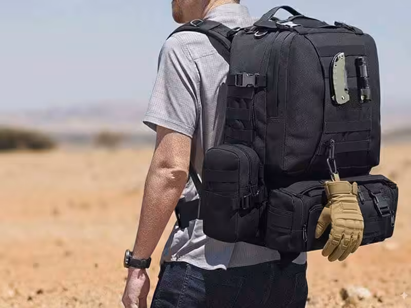 A man is carrying a backpack outdoors.
