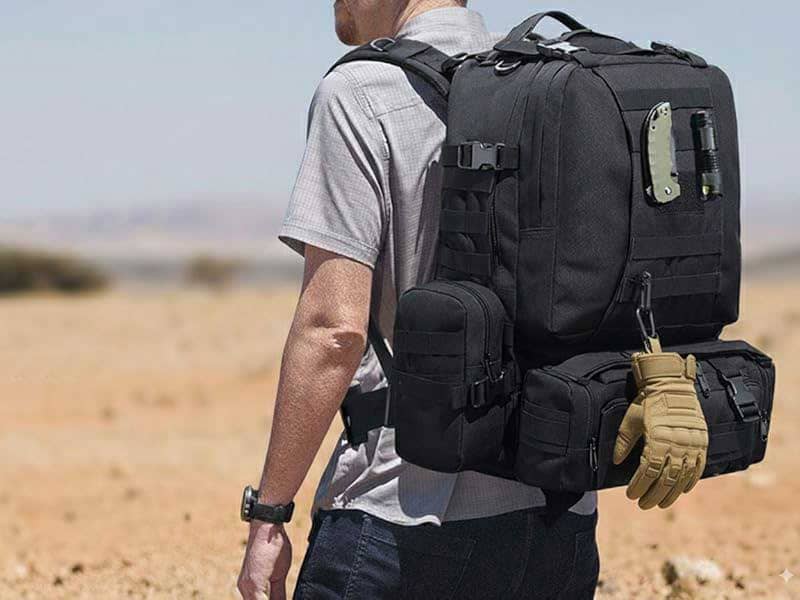 A man is carrying a backpack outdoors.