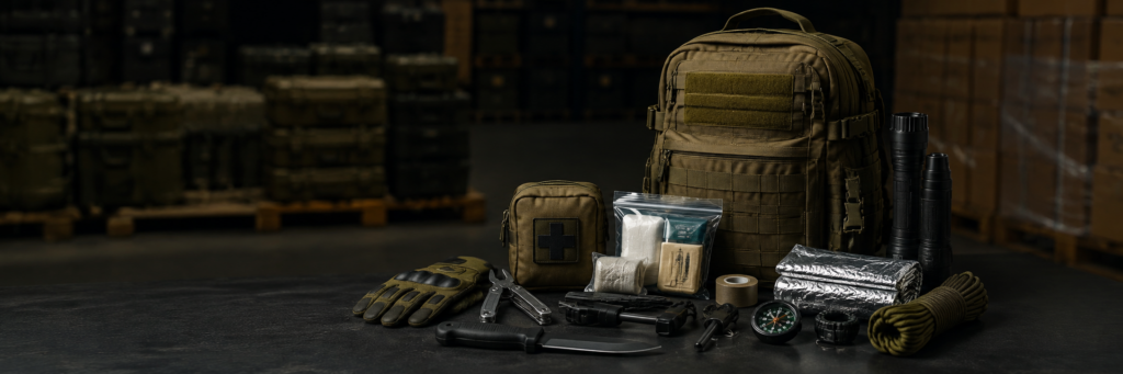 Bulk military survival kits with tactical gear and emergency equipment for defense procurement