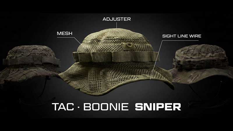 Boonie hat features including wide brim, ventilation eyelets and chin strap