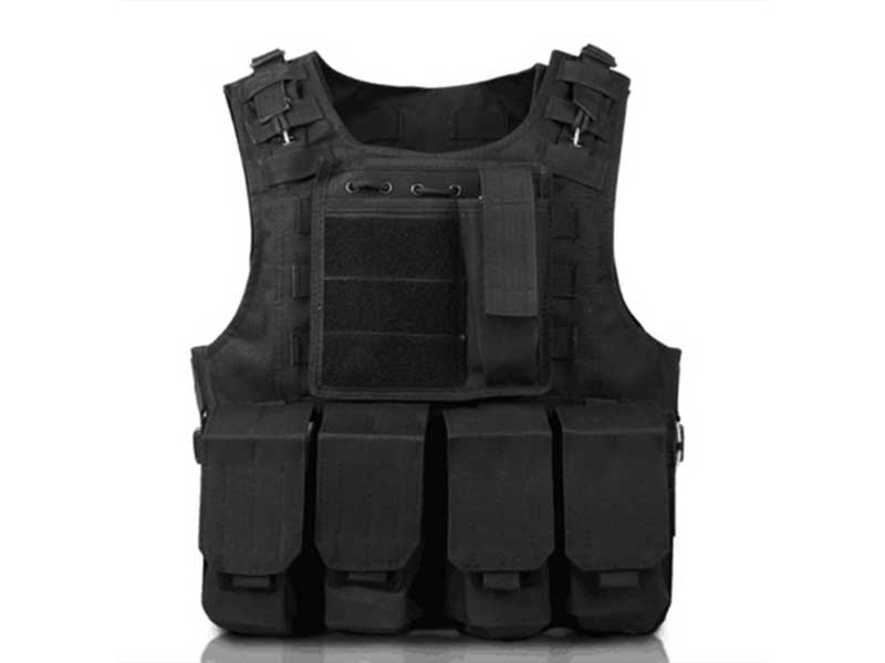 Classic black tactical vest with front storage pouches for security and law enforcement