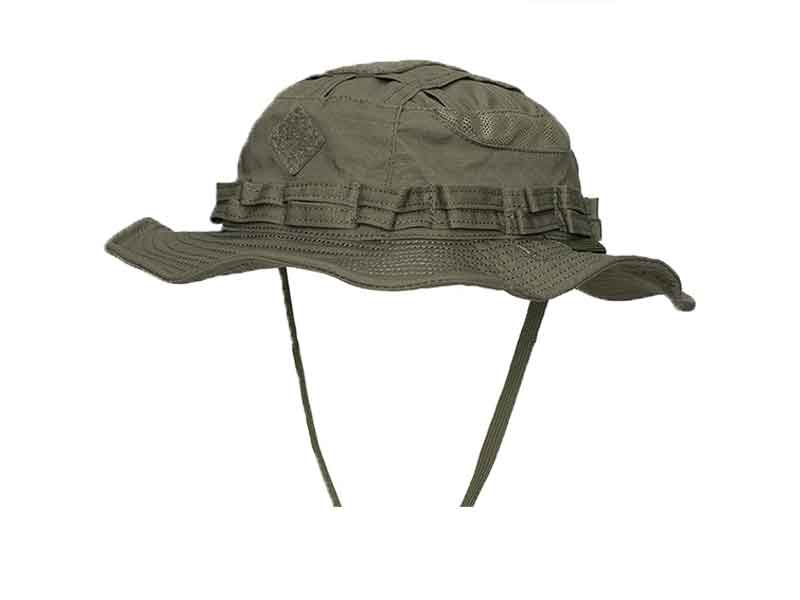 Olive green tactical boonie hat with chin strap and side ventilation