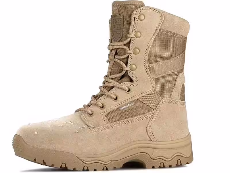 A pair of khaki waterproof tactical boots