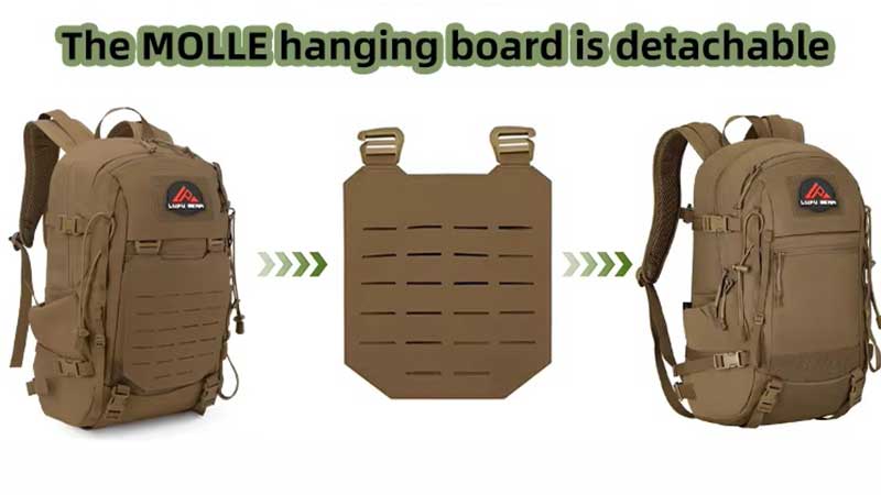 Military backpack specification details: fabric, zipper, buckle and MOLLE layout