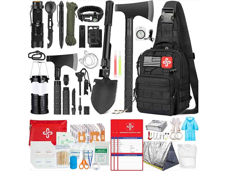 Black tactical survival backpack with emergency tools, medical supplies and outdoor equipment