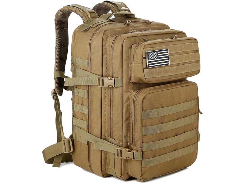 A khaki tactical backpack