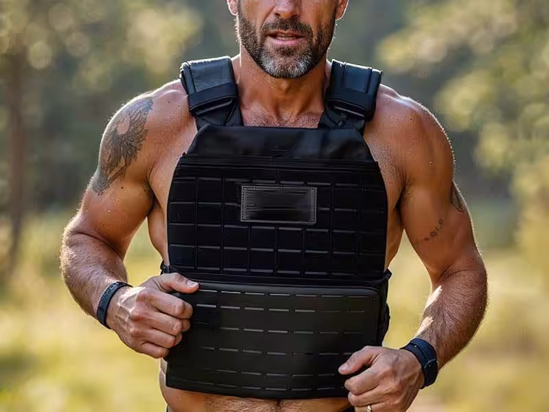 A person running while wearing a bulletproof vest.