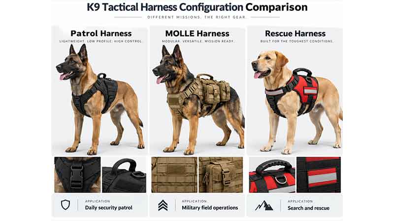 Different tactical dog harness configurations for K9 missions
