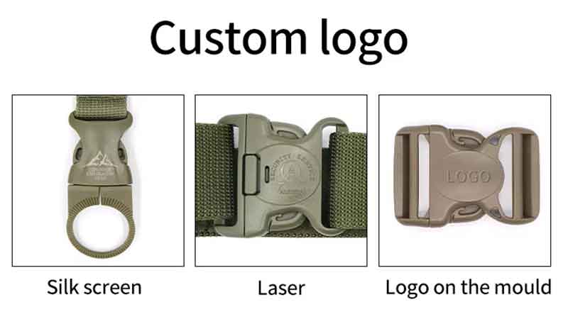 Custom logo options for tactical belt buckles, including silk screen printing, laser engraving, and molded logos, offered by SONICE tactical belt manufacturer.