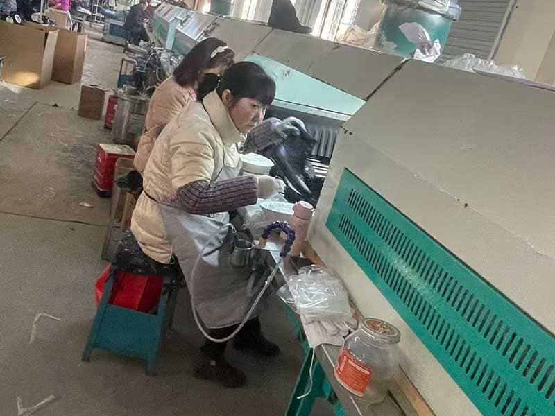 This is a tactical boot production line.