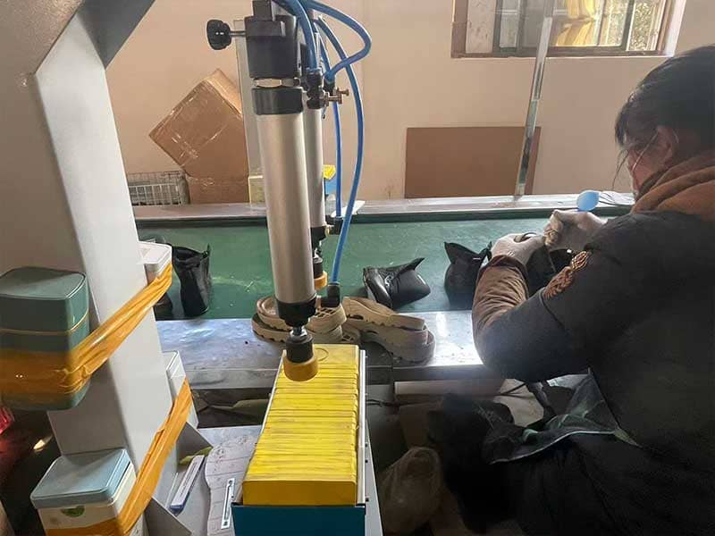 This is a tactical boot production line.